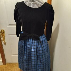 Vintage Knights Ltd Black Velet and Blue plaid Maxi dress